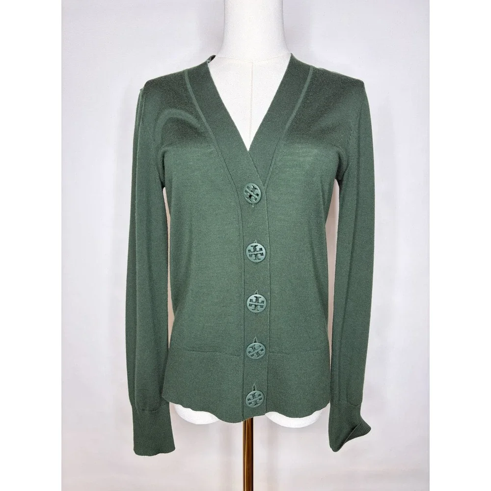 Tory Burch Madeline Cardigan Hunter Green Merino Wool Logo Button Sweater 64676